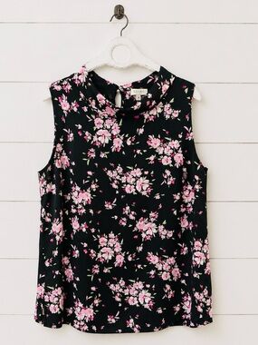 Laura Floral Sleeveless Mock Neck Top - Black with Pink Blossoms